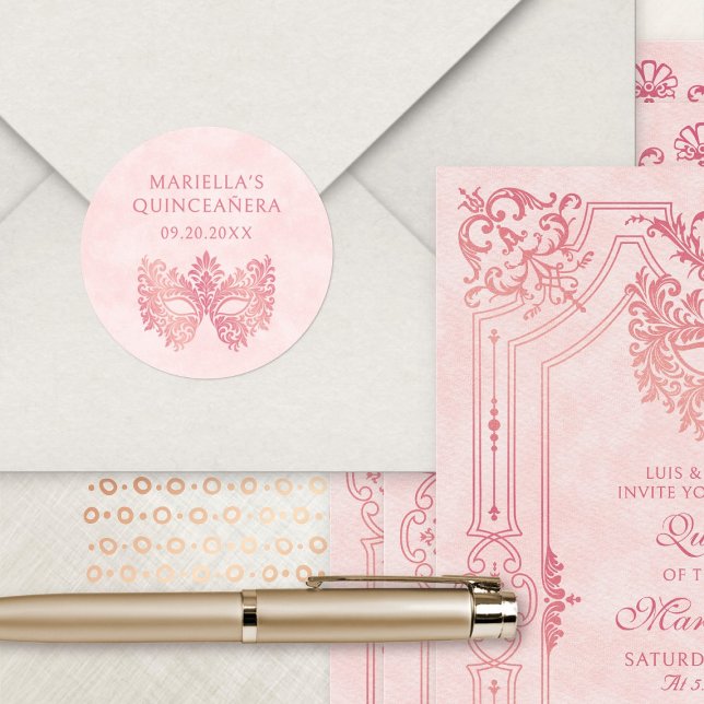 Sticker Rond Mascarade rose Mascarade Masque élégant Quinceaner (Créateur téléchargé)