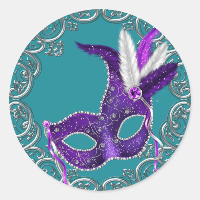 Sticker Rond Mascarade turquoise bleue et violette (Devant)