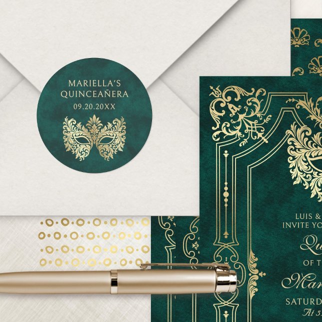 Sticker Rond Mascarade verte Masque élégant Quinceanera (Créateur téléchargé)