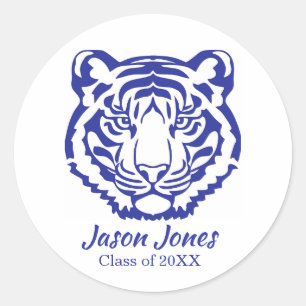 Sticker Rond Mascotte des Tigres Bleus et Blancs Diplômé