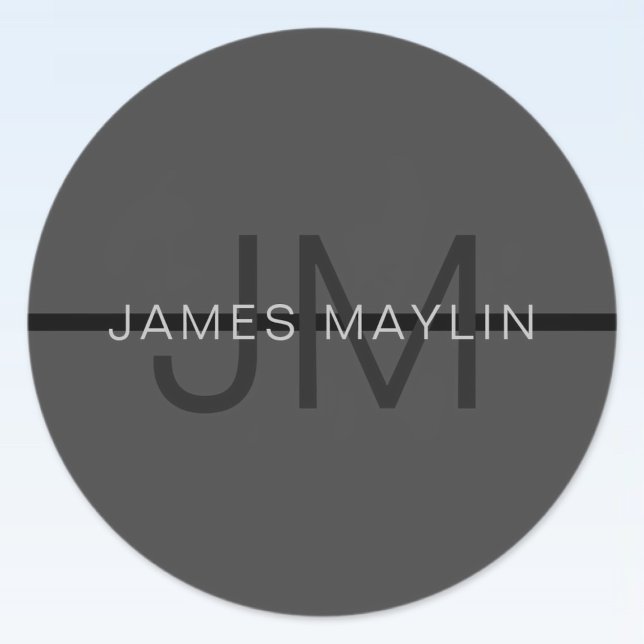Sticker Rond Masculine élégant gris foncé Nom et monogramme (Créateur téléchargé)