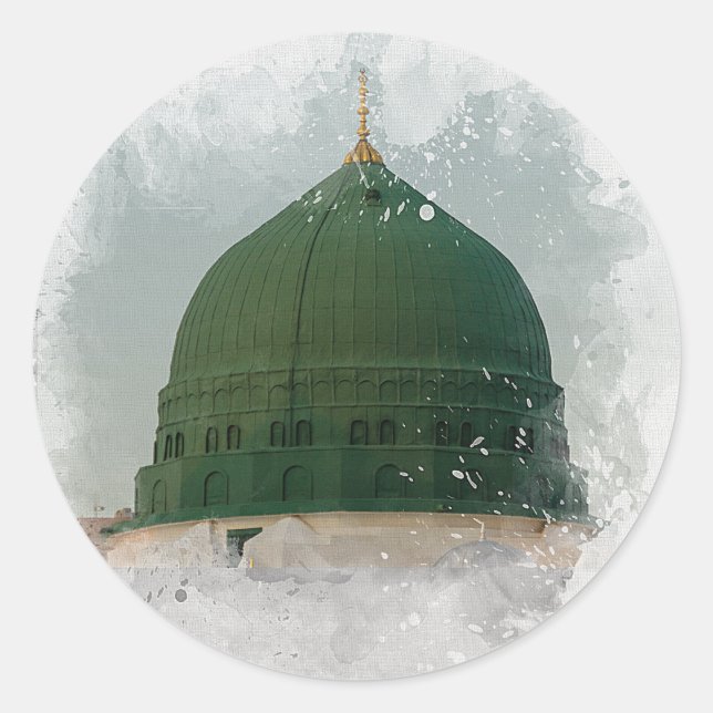 Sticker Rond Masjid An-Nabawi aquarelle illustration P islamiqu (Devant)