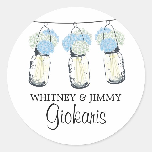 Sticker Rond Mason Jar et Hydrangeas Mariage (Devant)