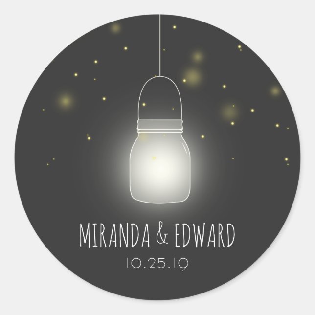 Sticker Rond Mason Jar Fireflies mariage personnalisé Enregistr (Devant)