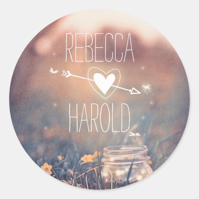 Sticker Rond Mason Jar Fireflies Mariage rustique (Devant)