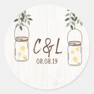 Sticker Rond Mason Jar & Fireflies Mariage rustique