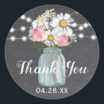Sticker Rond Mason Jar Floral Chalkboard Chaîne Merci<br><div class="desc">Chalkboard String Light Mason Jar Merci Floral Mariage Favor Sticker. (1) Pour plus de personnalisation, cliquez sur le bouton "Customiser" et utilisez notre outil de conception pour modifier ce modèle. Tous les styles de texte, couleurs, tailles peuvent être modifiés selon vos besoins. (2) Si vous avez besoin d'aide ou d'articles...</div>