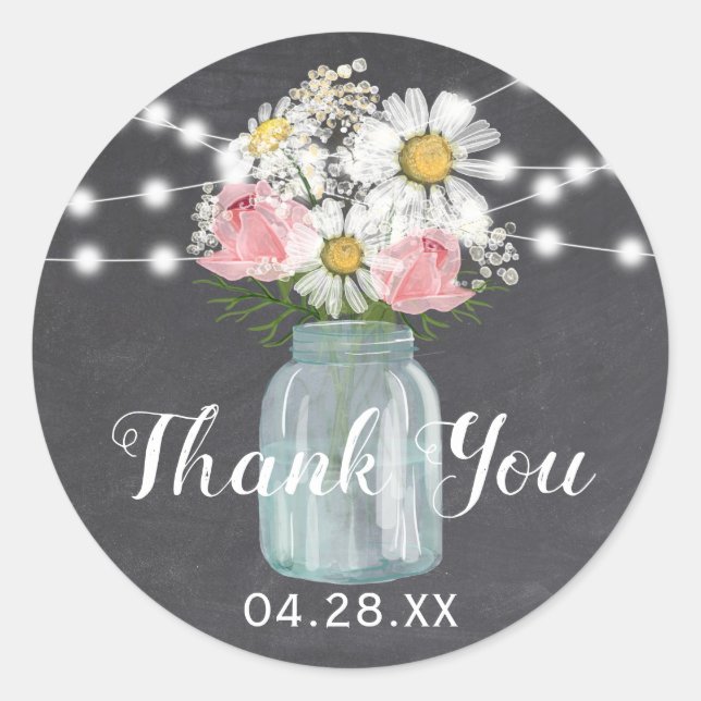 Sticker Rond Mason Jar Floral Chalkboard Chaîne Merci (Devant)