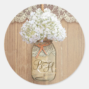 Sticker Rond Mason Jar Hydrangea Floral Russe Mariage