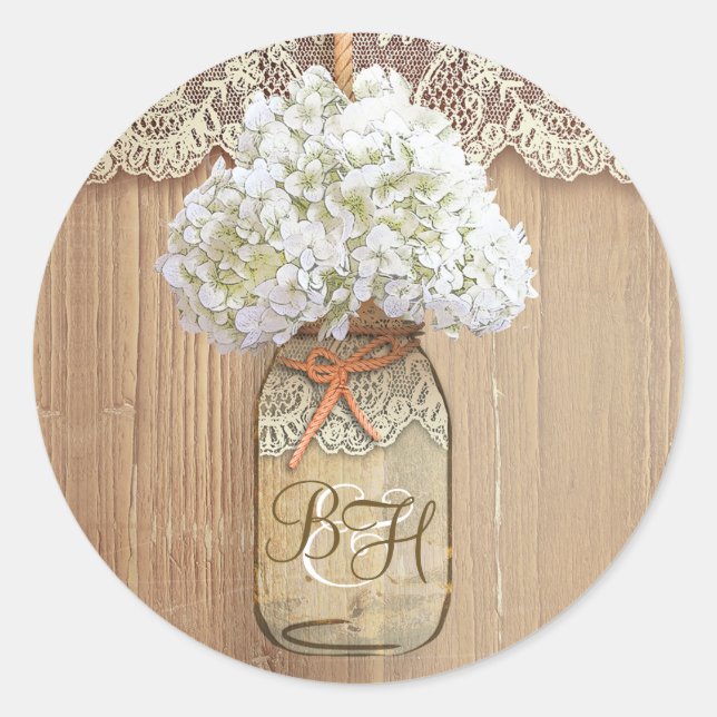 Sticker Rond Mason Jar Hydrangea Floral Russe Mariage (Devant)