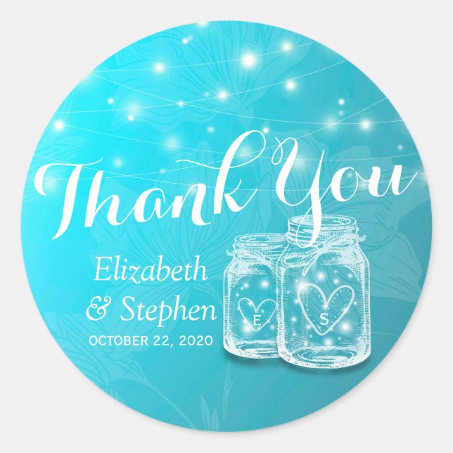 Sticker Rond Mason Jars & String Lights Mariage Favor Merci (Devant)