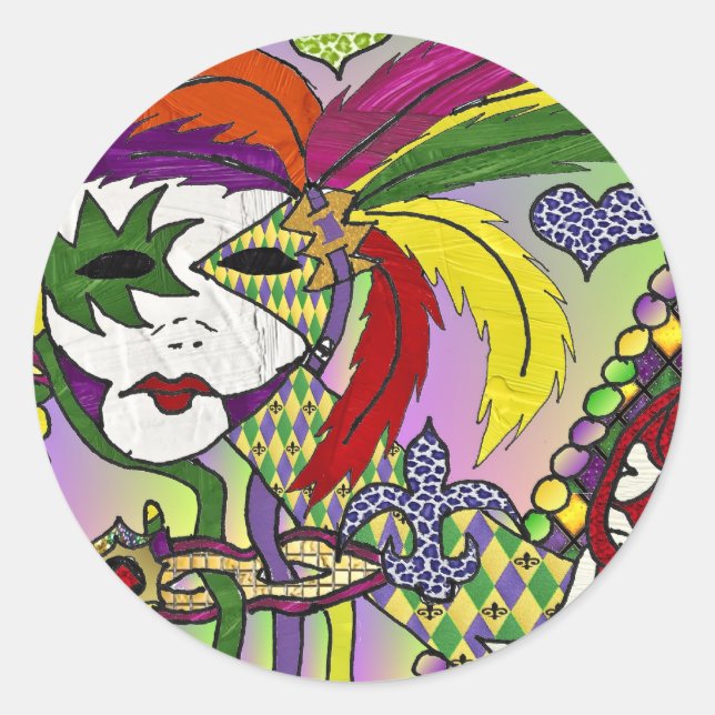Sticker Rond Masque à plumes de Mardi Gras psychédélique (Devant)