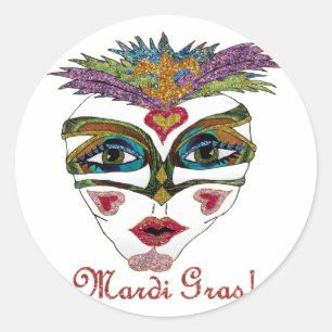 Sticker Rond Masque à plumes pailleté de Mardi Gras coloré