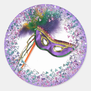 Sticker Rond Masque à plumes violettes Soirée masquée