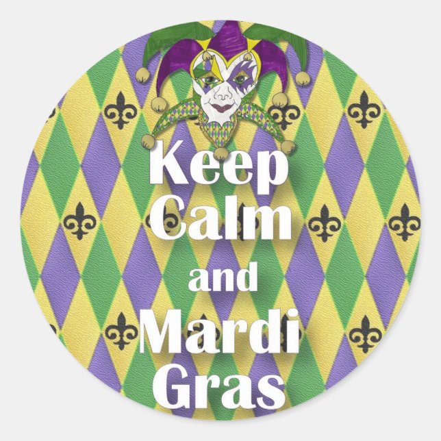Sticker Rond Masque de bouffon Garder son calme et Mardi Gras (Devant)