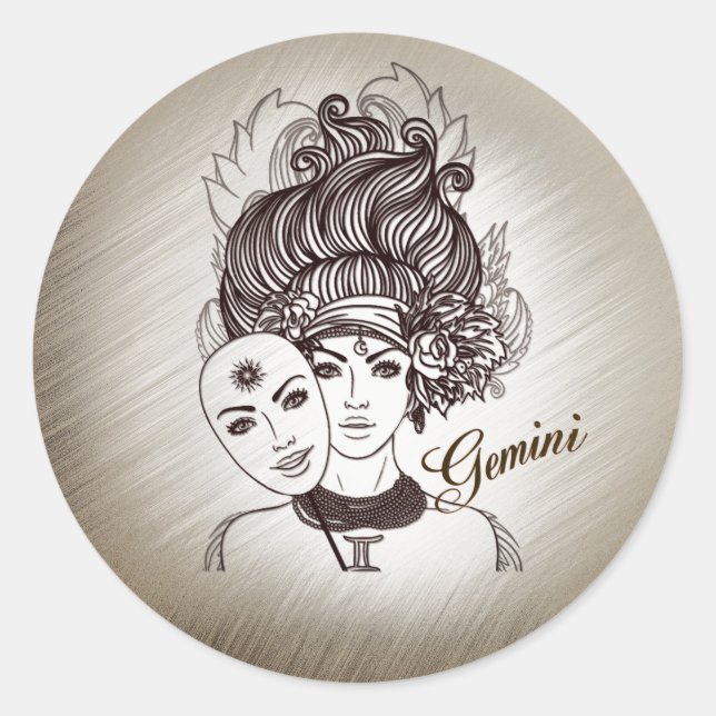 Sticker Rond Masque de Gémeaux Dame Zodiaque (Devant)
