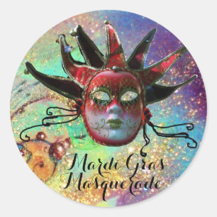 Sticker Rond MASQUE DE JESTER NOIR ET ROUGE À LA FÊTE Mascarade