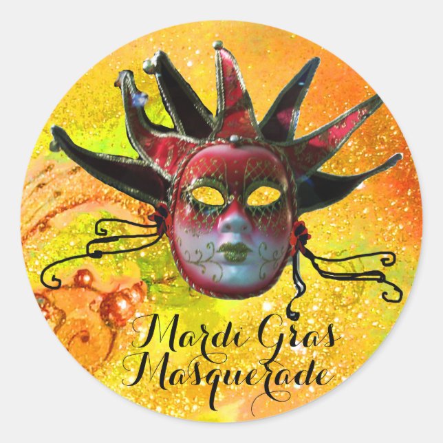 Sticker Rond MASQUE DE JESTER NOIR ET ROUGE EN Mascarade JAUNE (Devant)