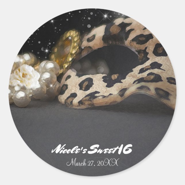 Sticker Rond Masque de mascarade léopard et collier de perles,  (Devant)
