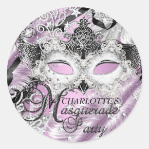 Sticker Rond Masque de Mascarade Pailleté Lilas Argenté Autocol