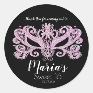 Sticker Rond Masque de mascarade rose pailleté, cadeau de fête