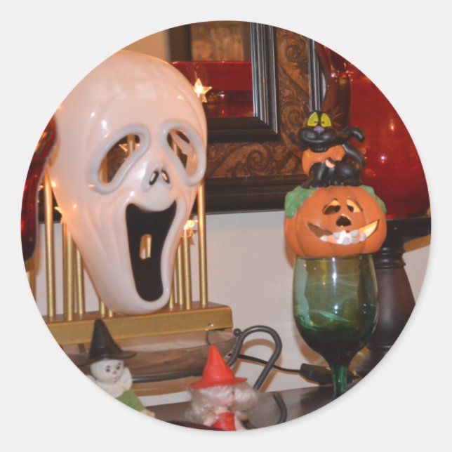 Sticker Rond Masque d'Halloween et Figurines (Devant)