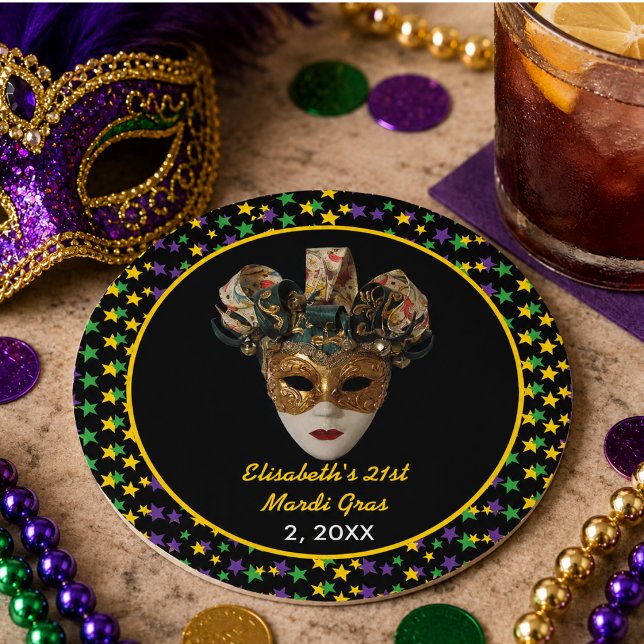 Sticker Rond Masque Mardi Gras Fête d'anniversaire 21 ans (Mardi Gras Mask 21st Birthday Party Classic Round Sticker)