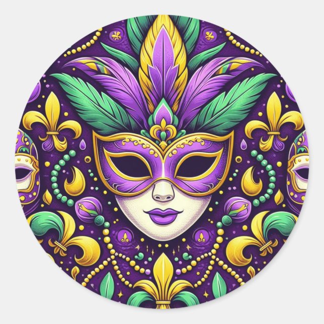 Sticker Rond Masque Mardi Gras/perles/fleur de lis (Devant)