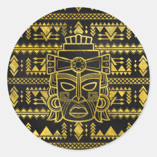 Sticker Rond Masque Maya Aztec Or Inca
