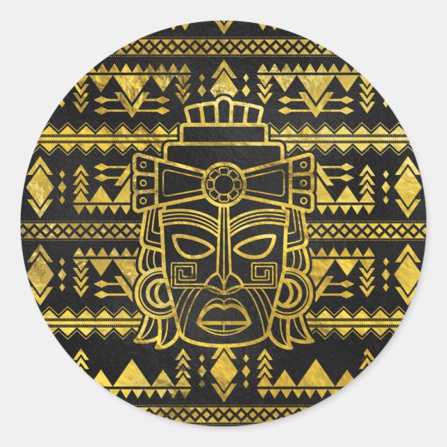 Sticker Rond Masque Maya Aztec Or Inca (Devant)