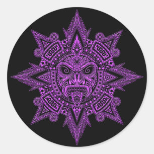 Sticker Rond Masque soleil aztèque violet sur noir