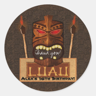 Sticker Rond Masque Tiki en Bois Vintage Rétro Fête Luau d'Été