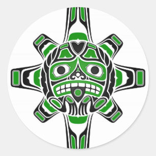 Sticker Rond Masque vert et noir de Sun de Haida sur le blanc