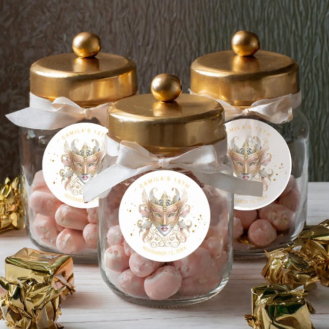 Sticker Rond Masquerade Motif Quinceanera Rose Gold ID1031 (Créateur téléchargé)