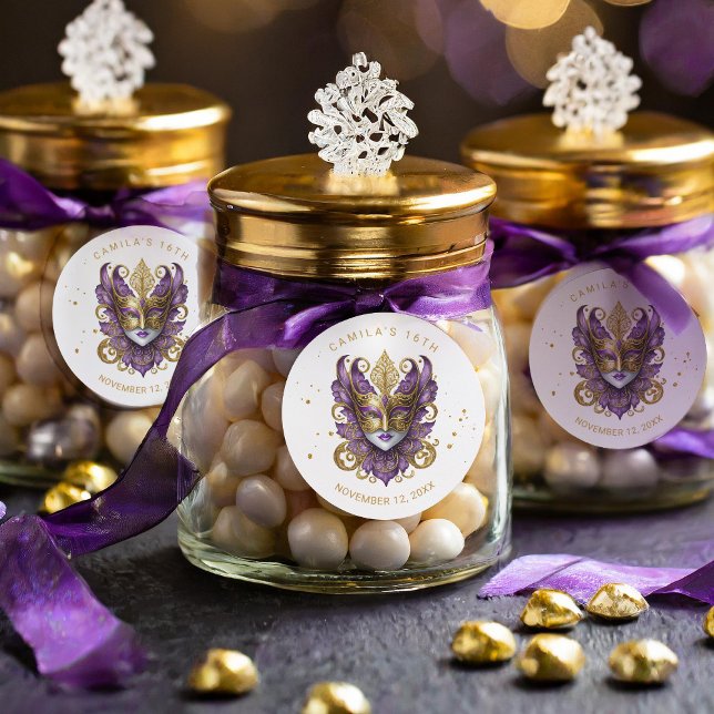 Sticker Rond Masquerade Motif Sweet 16 Purple Gold ID1032 (Créateur téléchargé)