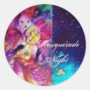 Sticker Rond MASQUERADE NUIT Carnaval Musicien en costume rose