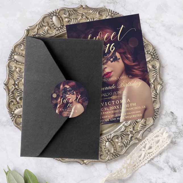 Sticker Rond Masquerade Photo Sweet 16 Anniversaire (Créateur téléchargé)