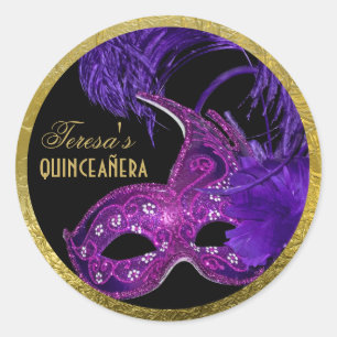 Sticker Rond Masquerade quinceañera anniversaire rose, masque v