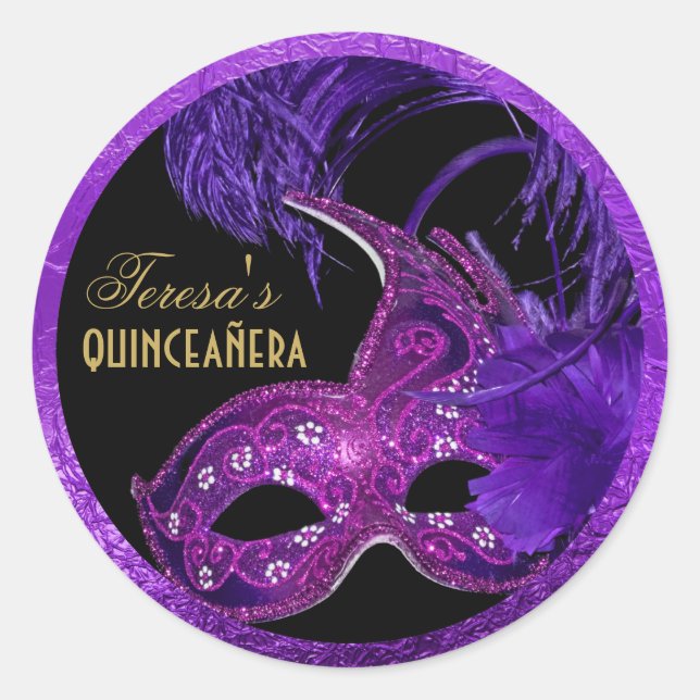 Sticker Rond Masquerade quinceañera anniversaire rose, masque v (Devant)