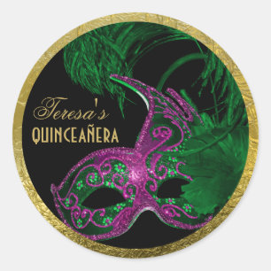 Sticker Rond Masquerade quinceañera anniversaire vert, masque r
