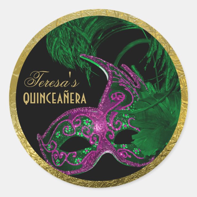 Sticker Rond Masquerade quinceañera anniversaire vert, masque r (Devant)