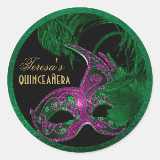 Sticker Rond Masquerade quinceañera anniversaire vert, masque r