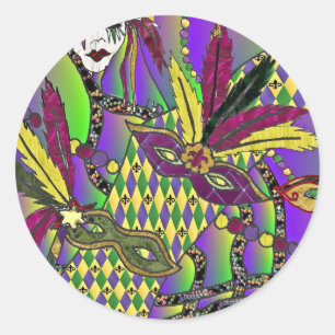 Sticker Rond Masques à plumes de Mardi Gras psychédéliques