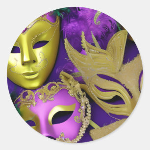 Sticker Rond Masques mardi Gras violet et or mascarade