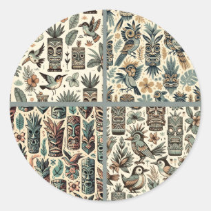 Sticker Rond Masques Tiki Tropicaux Vintage et Oiseaux Gris Ver