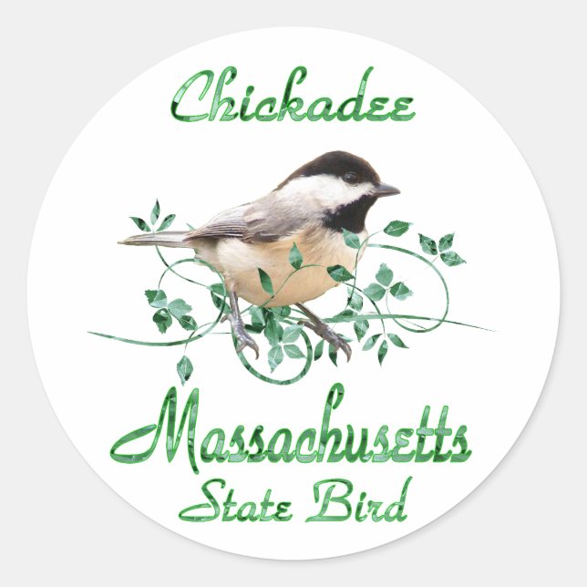 Sticker Rond Massachusetts de Chickadee Oiseau d'État (Devant)