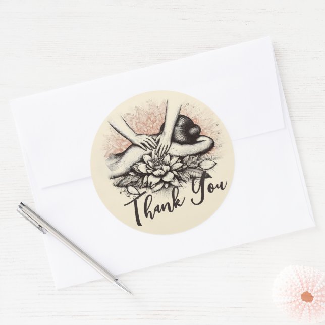 Sticker Rond Massage Thérapie Healing Mains Spa d'énergie Merci (Enveloppe)