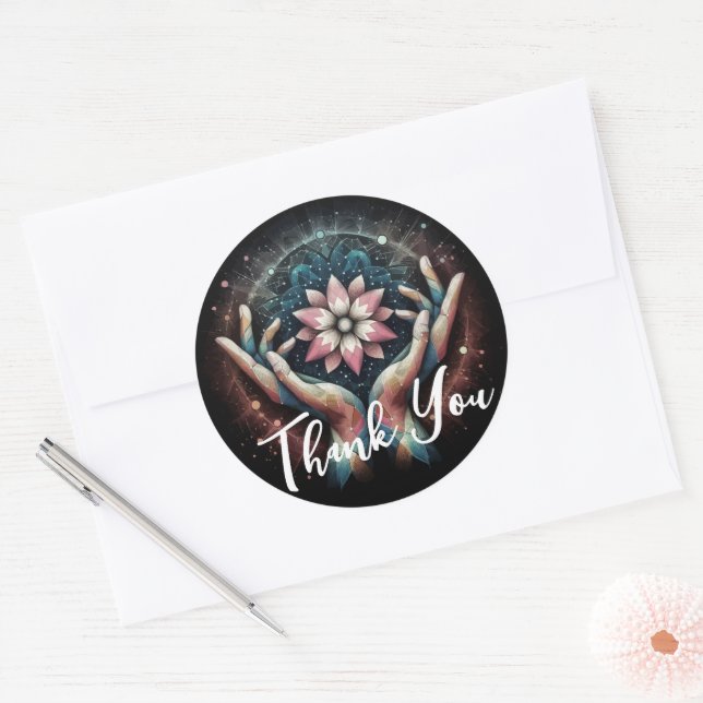 Sticker Rond Massage Thérapie Healing Mains Spa d'énergie Merci (Enveloppe)