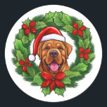 Sticker Rond Mastiff Christmas Wreath<br><div class="desc">Ajoutez une touche festive à votre correspondance de vacances avec nos étiquettes de couronne de Noël Mastiff festifs! Ces charmants étiquettes arborent l'illustration éclatante d'une couronne verte de Noël, avec au centre l'adorable visage souriant d'un Mastiff portant un chapeau de Père Noël rouge gai. Parfaits pour les amoureux de les...</div>