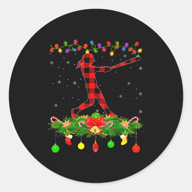 Sticker Rond Matching Buffalo Plaid Softball Srts Christmas Paj (Devant)